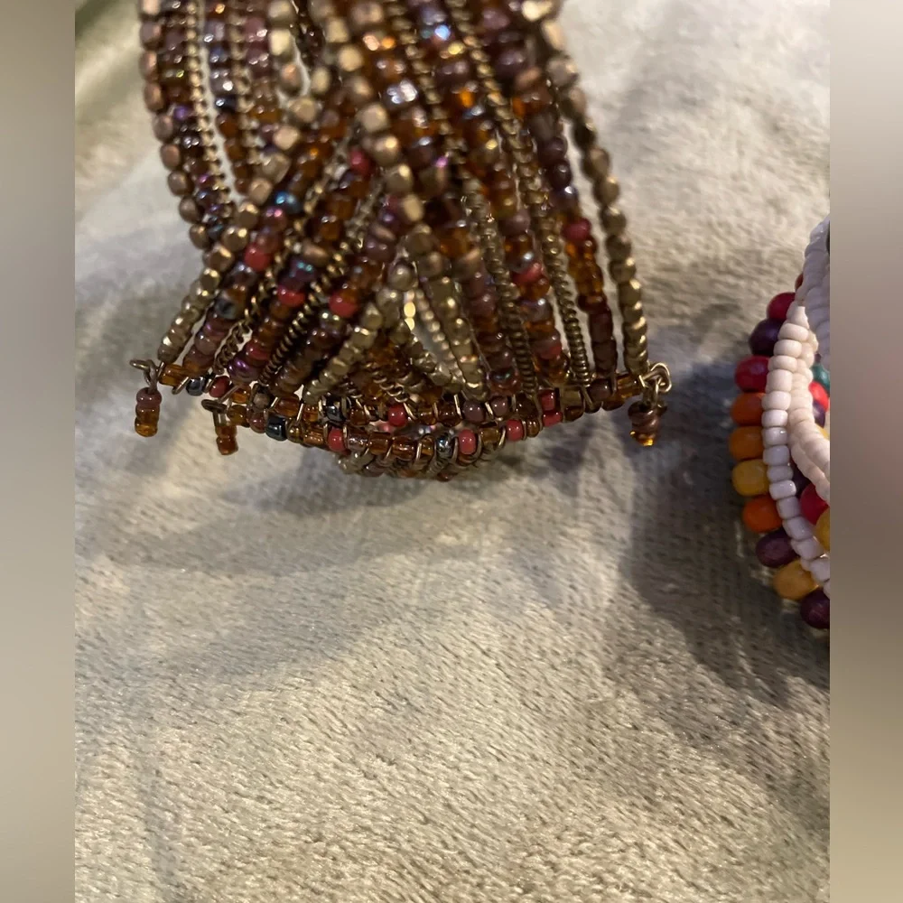 Set of 2 Boho Beaded Cuff Bracelets. Brown & Multi Colored Tones